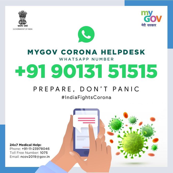 Whatsapp Helpline in India to fight against Corona 