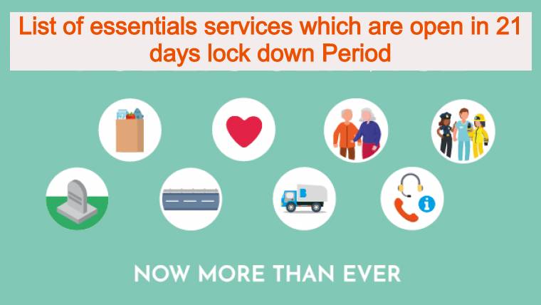 List of essentials services must be open in Complete 21 days lock down of India